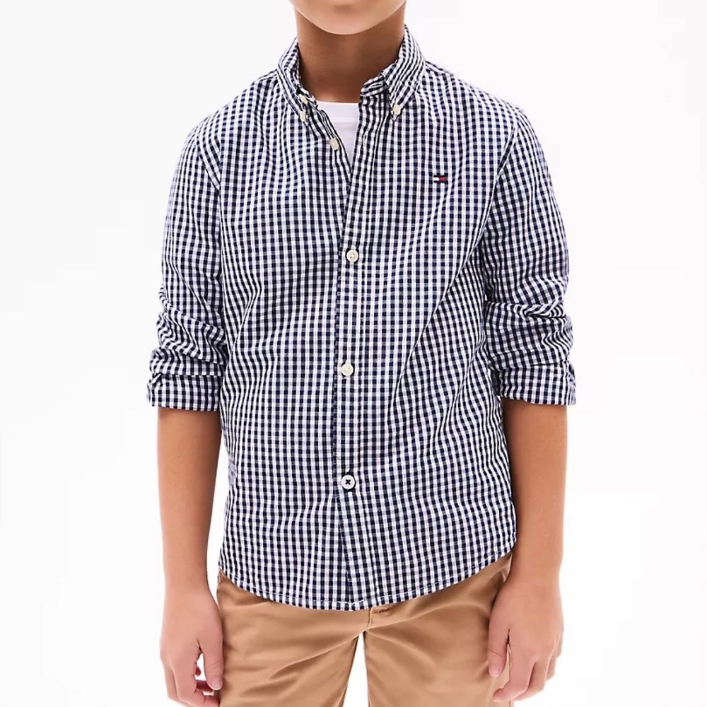 Tommy Hilfiger Collared Plaid Button Down Boys Long Sleeve Shirt Cuffed Sleeves